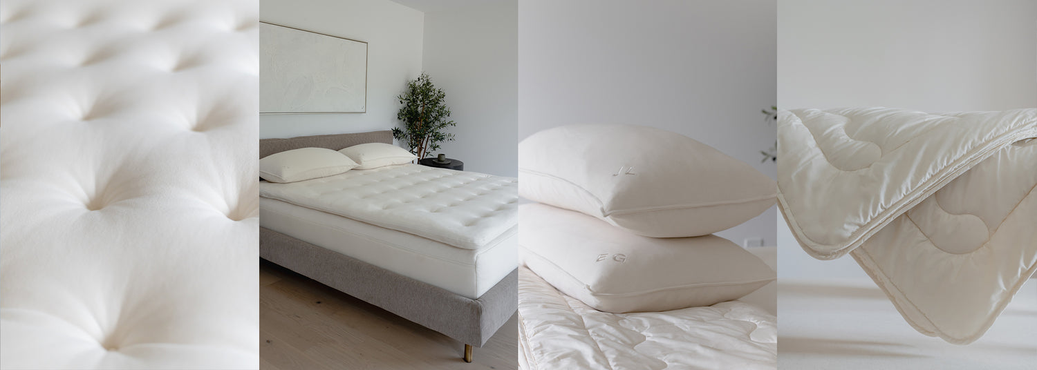 organic bedding products: topper, mattress, pillows and comforter